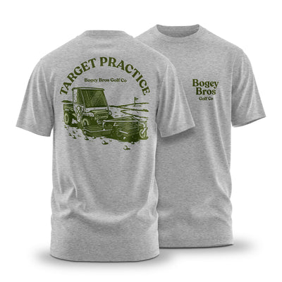 The Target Practice - T-Shirt features an athletic fit in gray with green graphics. Back: large golf cart image, golf balls, and "TARGET PRACTICE." Front: small “Bogey Bros Golf Co” logo on the left chest.