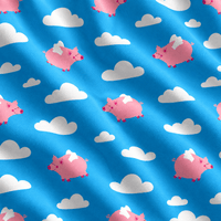Introducing the Pigs Fly - Women’s Polo: a vibrant blue shirt adorned with a playful, repeating pattern of smiling pink pigs with delicate white angel wings gliding among fluffy clouds. Crafted to mimic gentle, diagonal fabric folds for added dimension and realism, this polo also provides UPF 50 protection to help shield your skin from harmful sun rays.