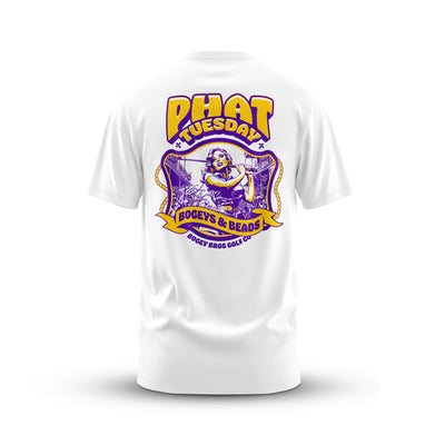 The Phat Tuesday - T-Shirt is a white, athletic fit tee with a back graphic of a woman swinging a golf club among Mardi Gras beads and bold yellow/purple text: PHAT TUESDAY, Bogeys & Beads, and Bogey Bros Golf Co.