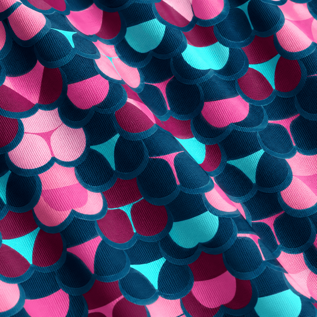 A close-up, top-down view of the Whale Tail - Psycho Siren - Women’s Polo fabric reveals a repeating scalloped pattern reminiscent of mermaid scales. The layered scales are rendered in bold shades of dark navy blue, bright pink, and electric cyan, creating a vibrant and playful texture with a subtle ripple effect. Designed with moisture wicking properties for superior comfort, this polo blends striking style with functional performance.