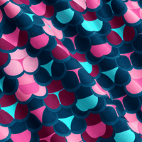A close-up, top-down view of the Whale Tail - Psycho Siren - Women’s Polo fabric reveals a repeating scalloped pattern reminiscent of mermaid scales. The layered scales are rendered in bold shades of dark navy blue, bright pink, and electric cyan, creating a vibrant and playful texture with a subtle ripple effect. Designed with moisture wicking properties for superior comfort, this polo blends striking style with functional performance.