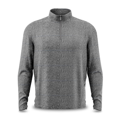 The Heather Gray - Q-Zip is a long-sleeve pullover with a quarter-zip collar, made from soft, textured fabric. It features moisture-wicking properties, a relaxed fit, and a simple design without visible logos or embellishments.