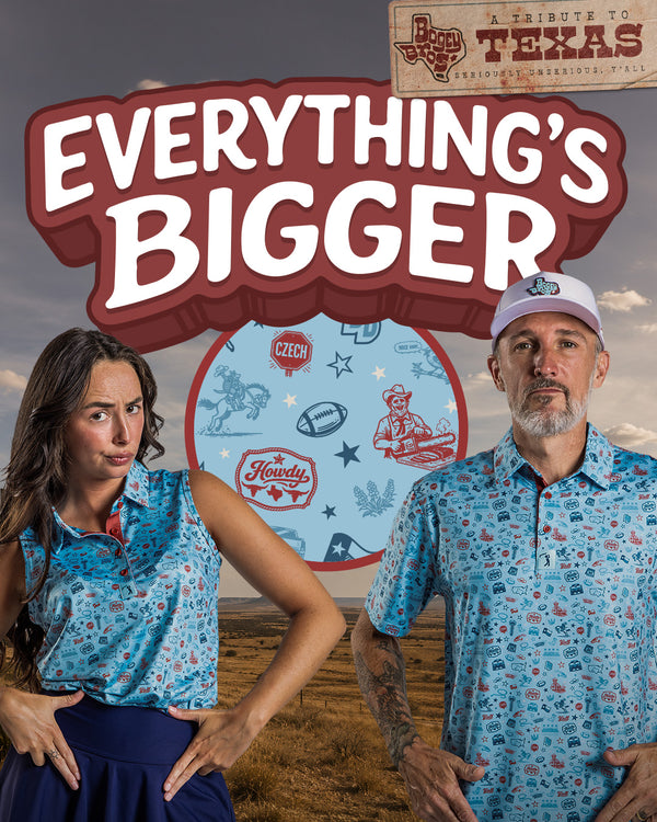 A woman and a man in blue patterned shirts stand in a field. Behind them, large text says EVERYTHINGS BIGGER with Texas-themed graphics and a logo reading A Tribute to Texas. The woman looks surprised, and the man stands confidently.