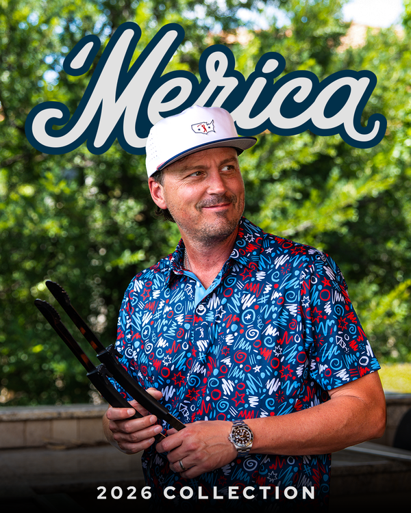 A smiling man in a blue patterned shirt and white hat holds grilling tongs outdoors. Behind him, the word Merica is written in large script. Text at the bottom reads 2026 Collection. Green trees blur in the background, suggesting a summer setting.