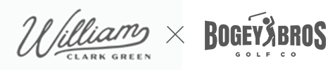 Logo reading “William Clark Green” in cursive on the left, a large “X” in the center, and “Bogey Bros Golf Co” with a golf figure as the Y on the right, all in black on a light gray background.