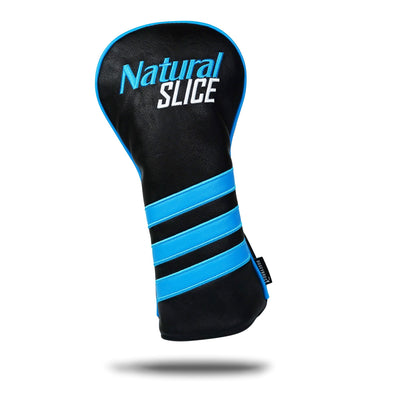 The Natural Slice - Driver Headcover features black premium PU leather with blue diagonal stripes and trim, "Natural SLICE" embroidered on top, a soft shadow effect, and a small black side tag.