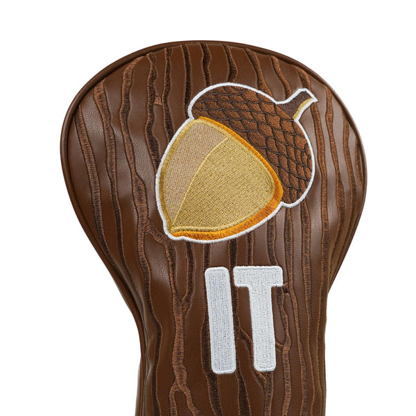 The Nut It - Driver Headcover is crafted from premium PU leather with a stitched wood grain pattern, bold white "IT" letters, an embroidered acorn on top, and a tree trunk-inspired design for standout style on the course.